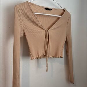 SHEIN Beige Ribbed Tie-Front Crop Top